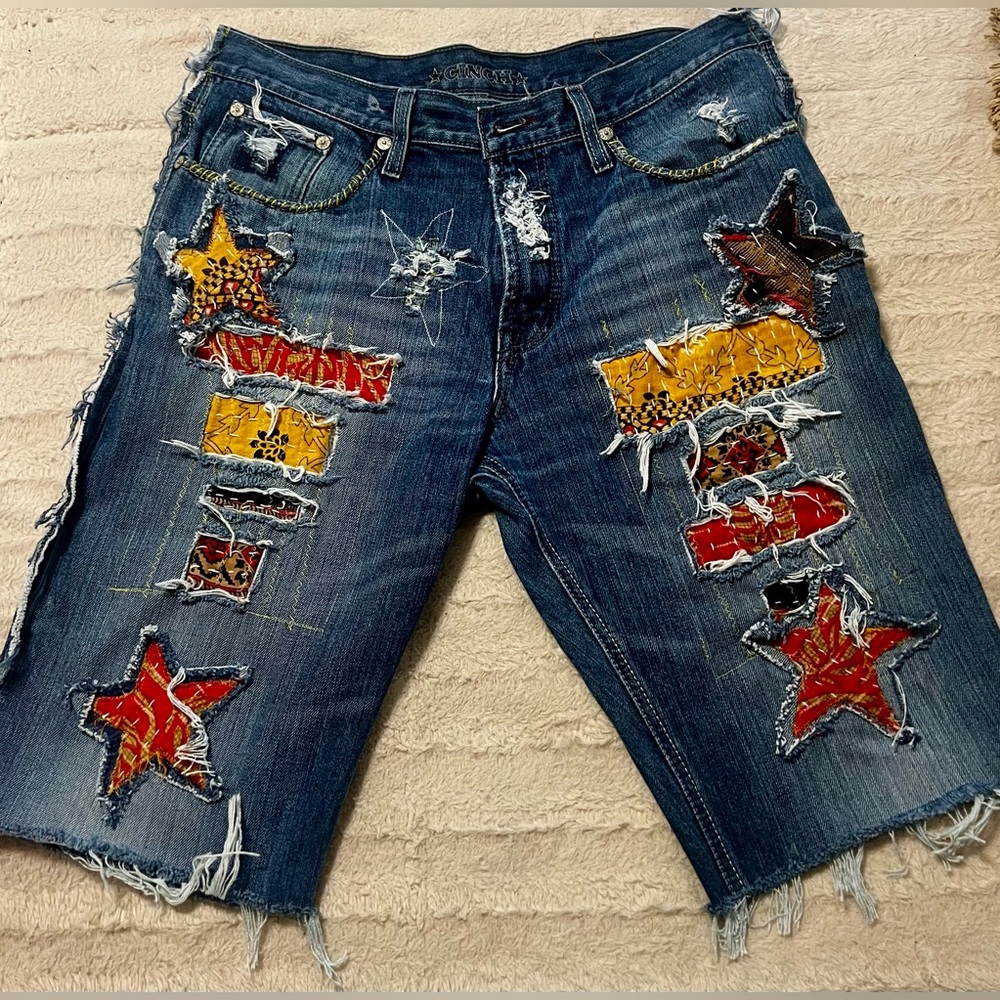 Upcycled One-Of-A-Kind Patchwork Denim Jorts with Star Patches - Picture 1 of 6